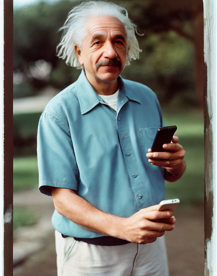 Man with Einstein-like appearance holding smartphone in blue shirt