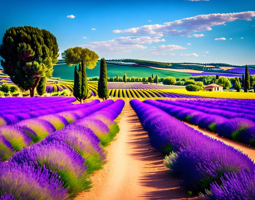 Lavender fields, dirt road, blue sky, trees, and crops in scenic landscape.