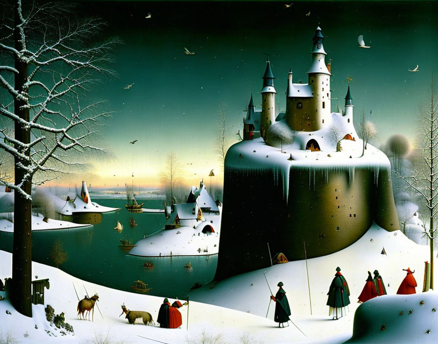 Majestic castle in winter landscape with period clothing, animals, and sailing ships