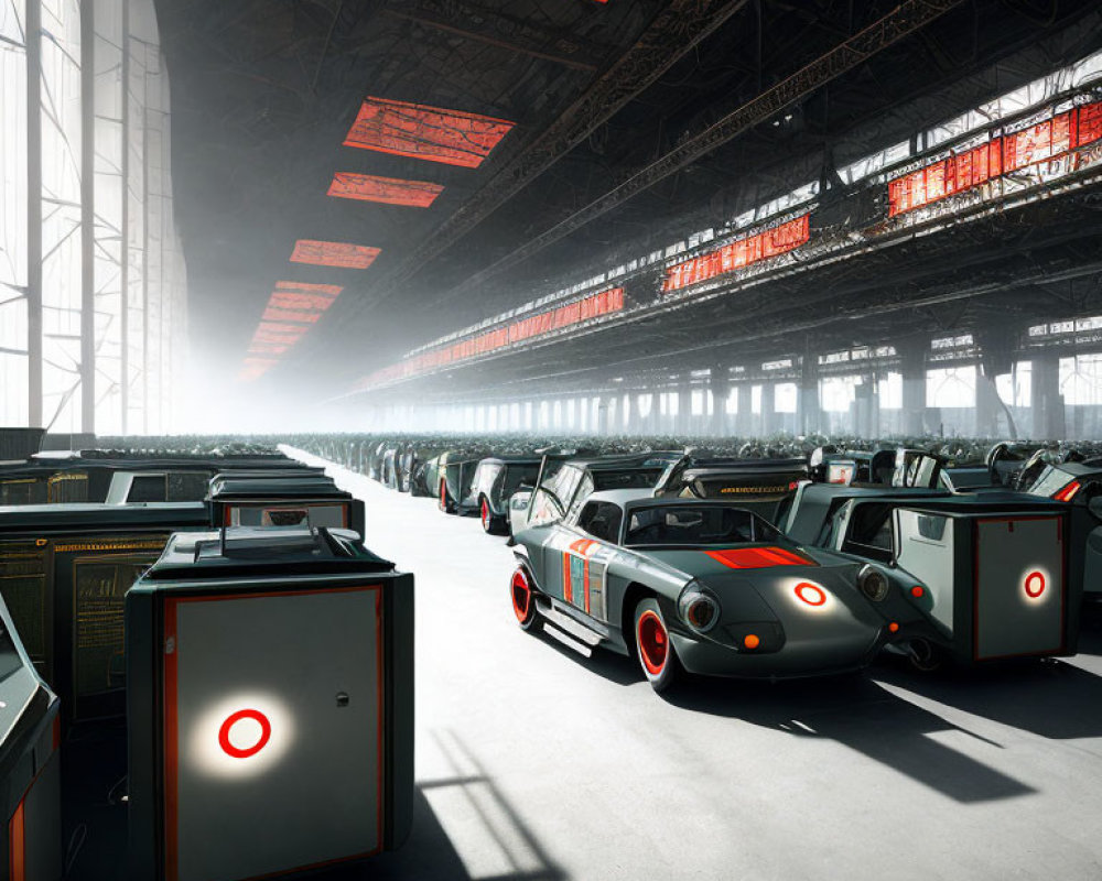 Futuristic factory with sleek black cars and production equipment