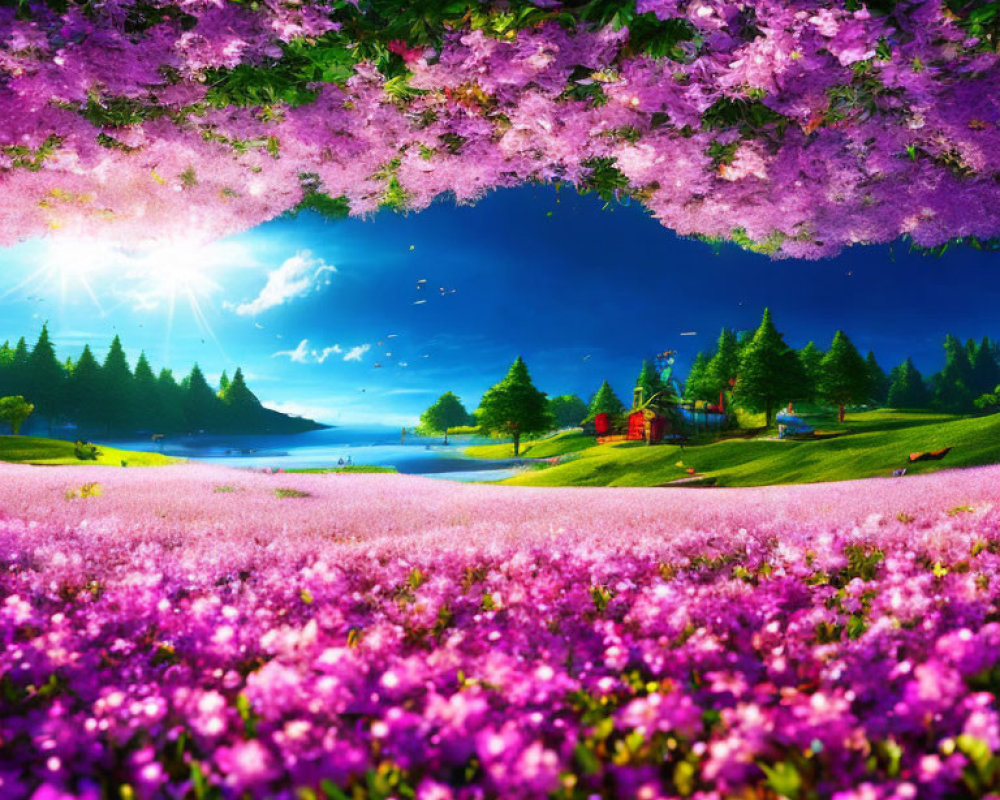 Colorful landscape with sunburst, pink flowers, blue lake, green trees.