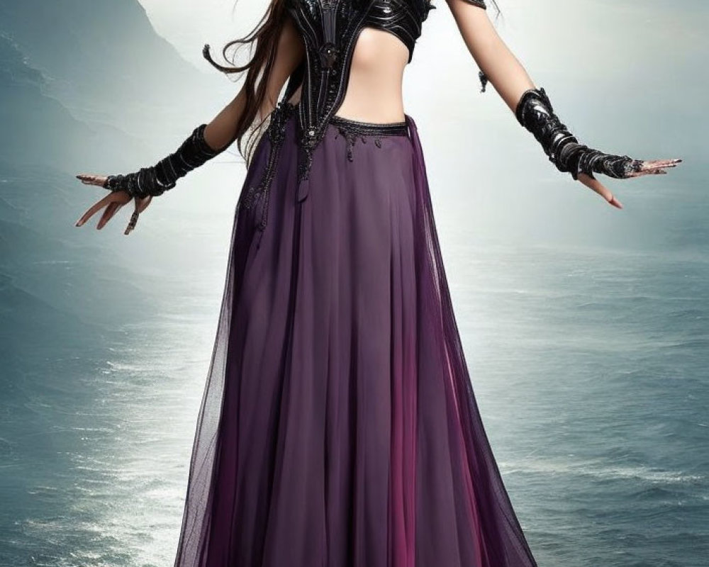 Fantasy-themed woman in black and purple outfit against misty seascape