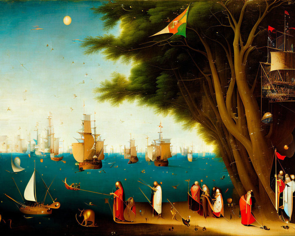 Seascape painting with sailing ships, figures, tree, activities & animals