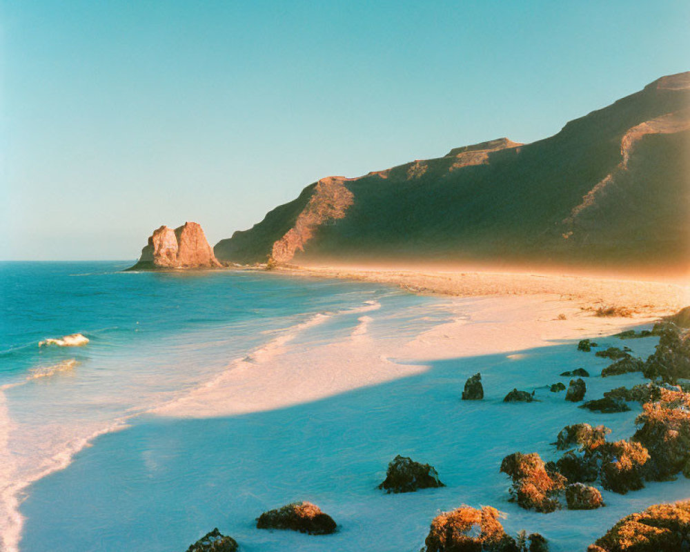 Tranquil beach scene with golden sunlight, gentle sea, rocks, and seaweed