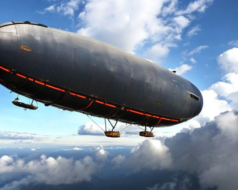 Black airship flying above clouds in blue sky with cloud cover