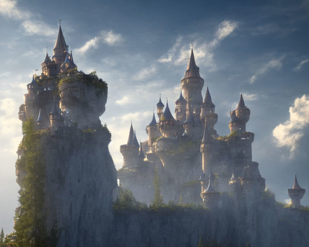 Majestic fairytale castle on cliff enveloped in mist and sunlight