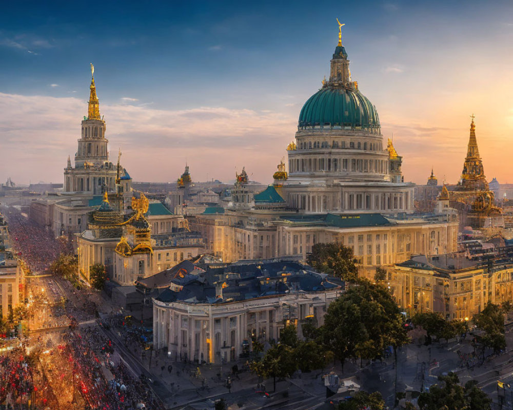 European-style cityscape with large domed building and ornate architecture at dusk