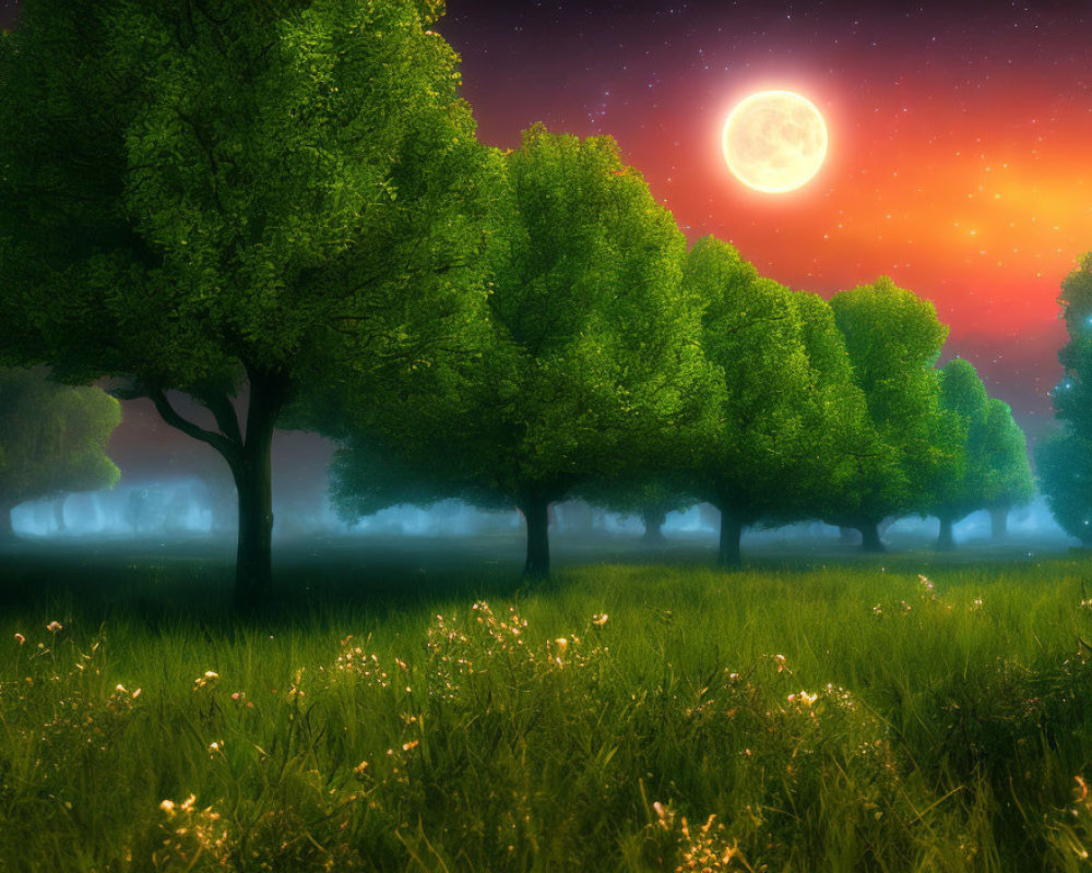 Tranquil Night Landscape with Full Moon and Blooming Meadow