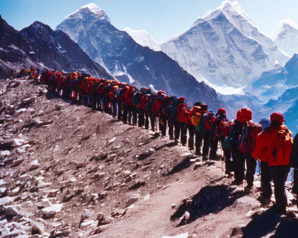 Group of Climbers in Red Jackets Scaling Snowy Mountain Trail