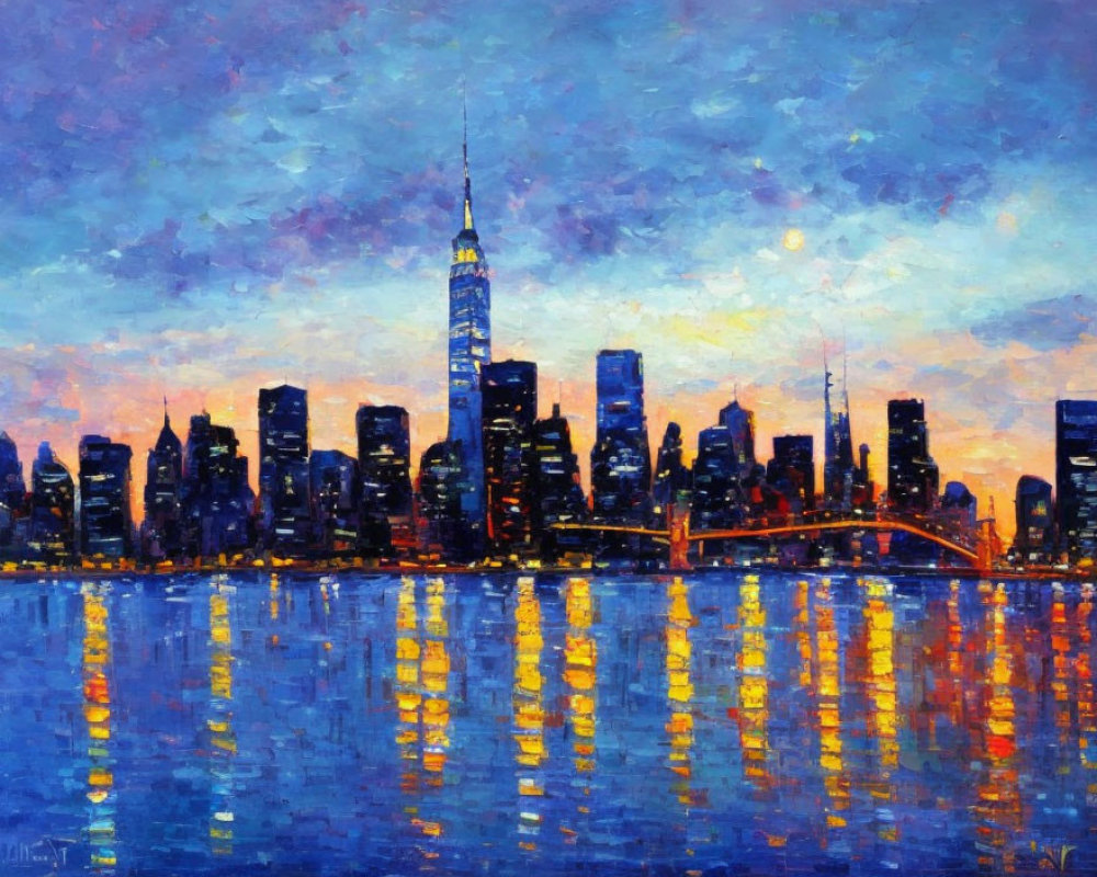 City skyline at dusk in vivid blue and purple hues reflected on water.