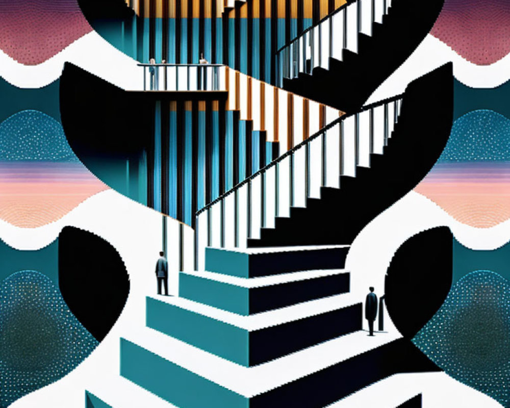 Abstract surreal illustration: Interlocking staircases with ascending figures against twilight backdrop