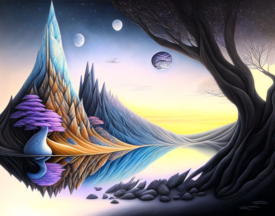 Fantastical landscape with crystal mountain, twilight sky, multiple moons, purple foliage, and twisting tree