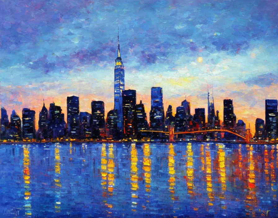 City skyline at dusk in vivid blue and purple hues reflected on water.