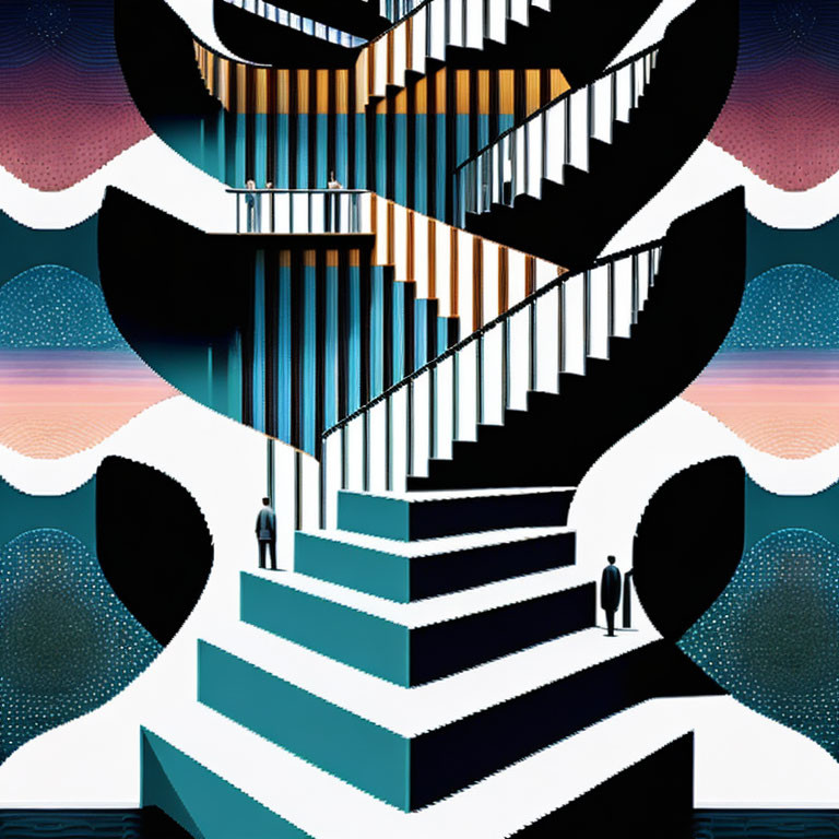 Abstract surreal illustration: Interlocking staircases with ascending figures against twilight backdrop