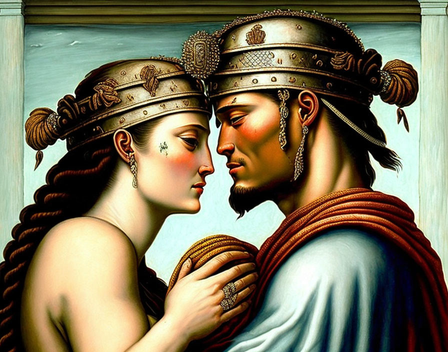 Stylized painting of man and woman with elaborate crowns and braided hair