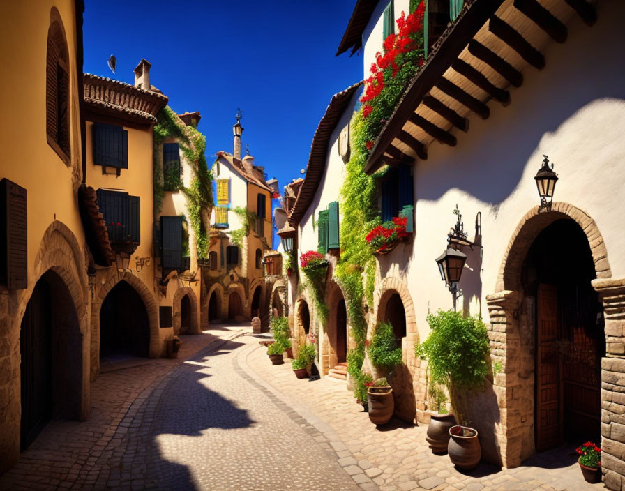 Traditional European buildings on quaint cobbled street with colorful shutters and flower boxes under blue skies