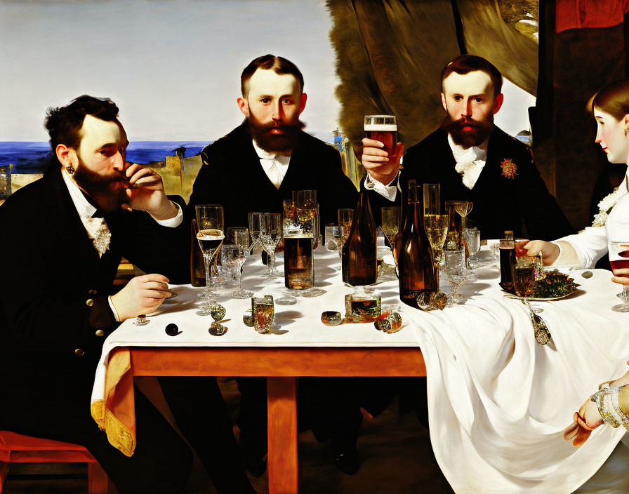 19th Century Painting: Four People Toasting at Dining Table