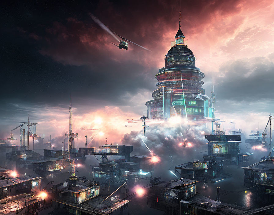 Futuristic cityscape with towering central structure, neon signs, and flying vehicle