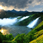 Scenic sunset view of majestic waterfall, mist, grassy slopes, and mountains.