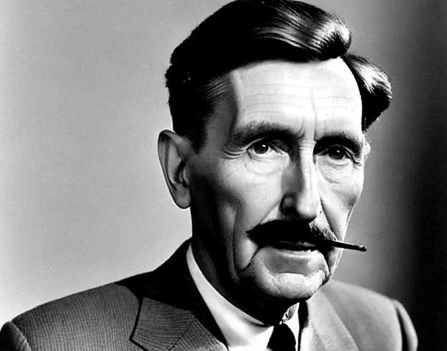 Monochrome portrait of distinguished man with mustache, suit, tie, and pipe