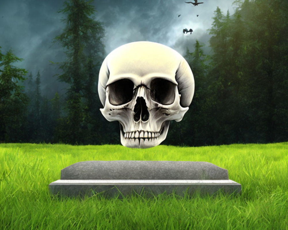 Ominous oversized skull above stone pedestal in stormy field