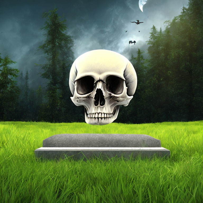 Ominous oversized skull above stone pedestal in stormy field