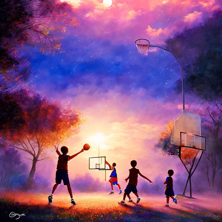 Kids playing basketball at sunset with purple and orange sky and trees around court