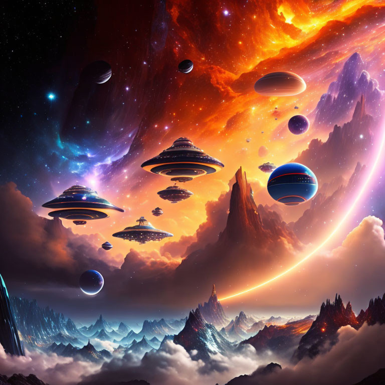 Colorful flying saucers over mountains in cosmic landscape