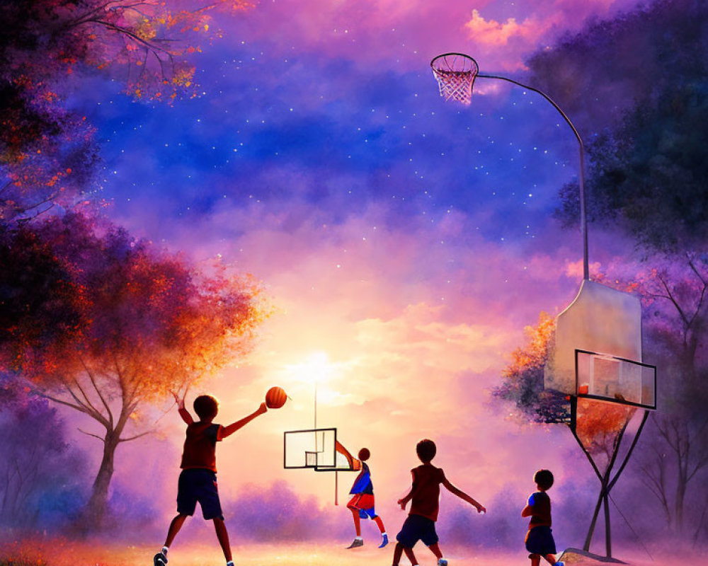 Kids playing basketball at sunset with purple and orange sky and trees around court