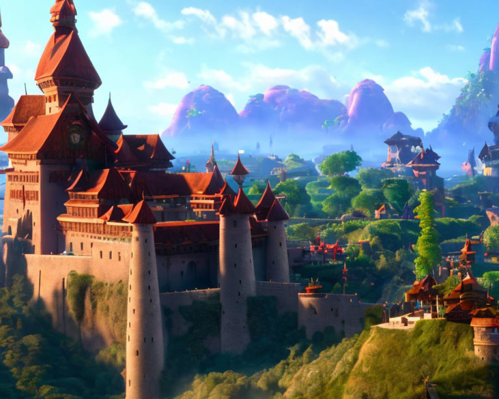 Majestic castle in vibrant, animated landscape