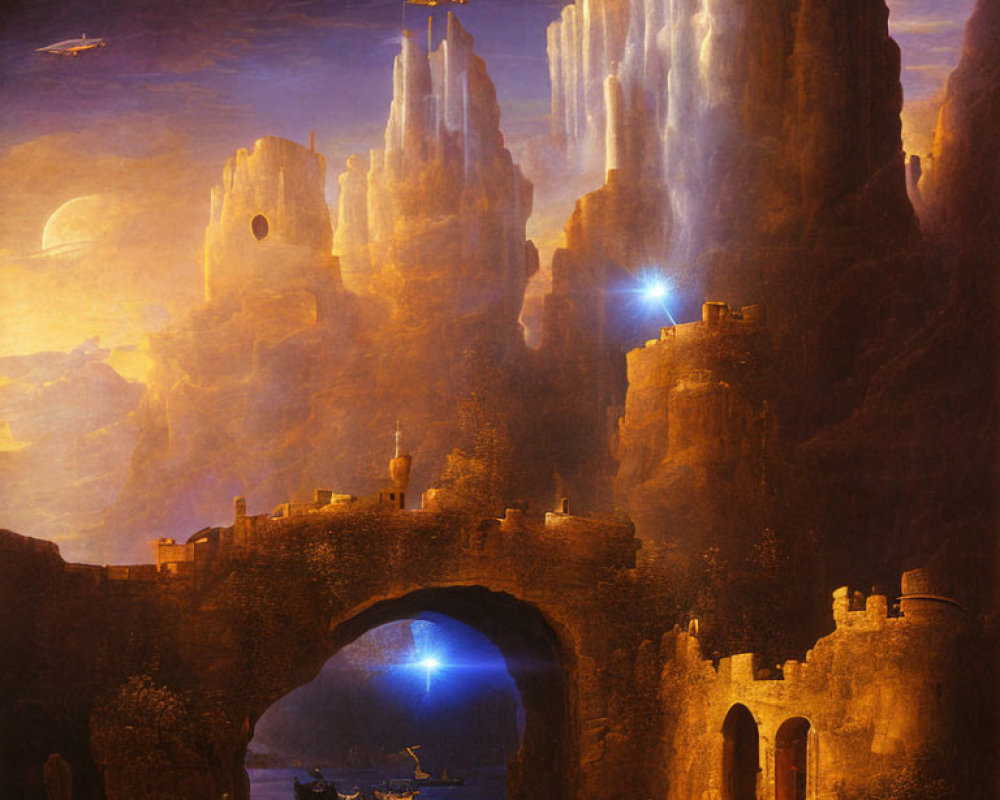 Majestic fantasy landscape with cliffs, starships, bridge, ruins, boats, and blue lights