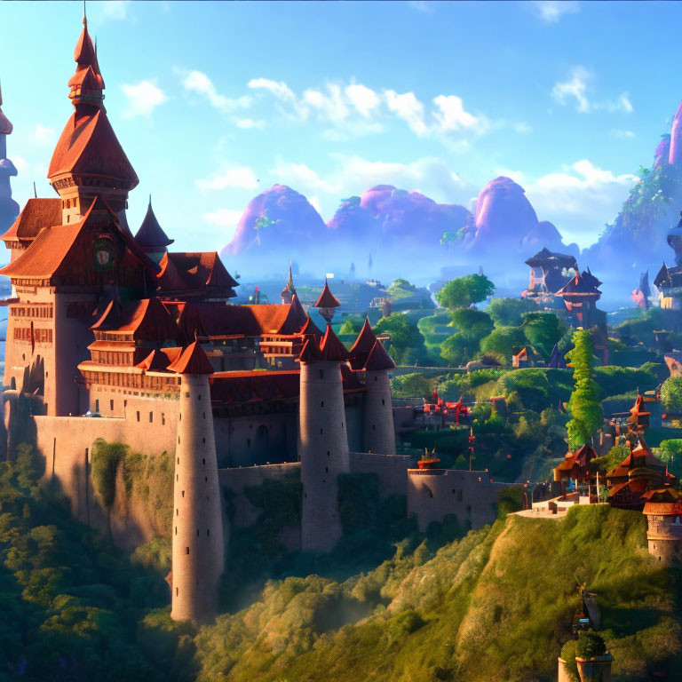 Majestic castle in vibrant, animated landscape