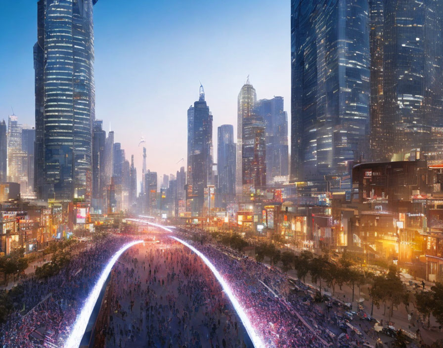 Vibrant cityscape at dusk with illuminated skyscrapers and busy pedestrian avenue.