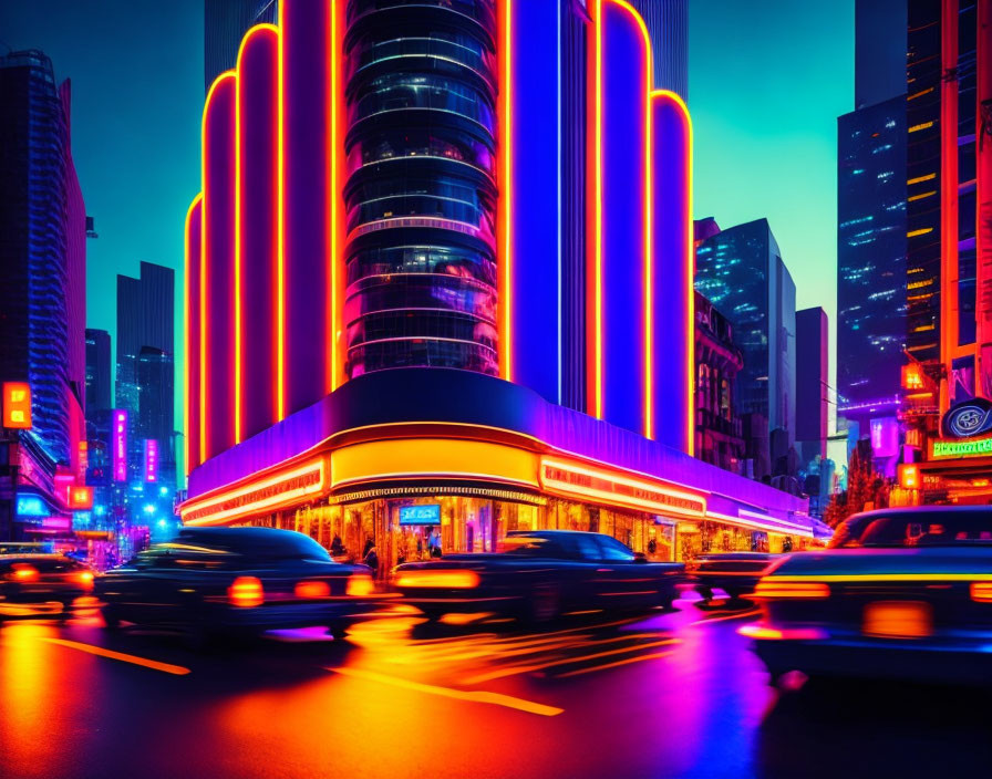 Neon-lit cityscape at dusk: futuristic buildings, bustling traffic