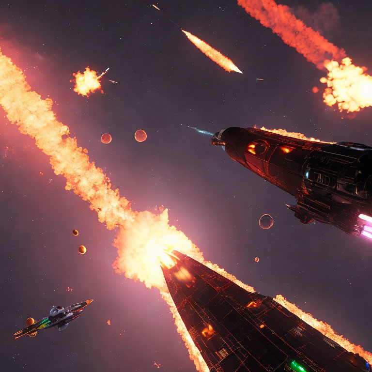 Intense space battle with exploding ships and fiery trails