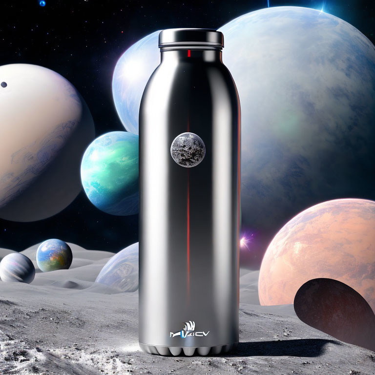 Reflective Stainless Steel Water Bottle with Cosmic Planets and Stars