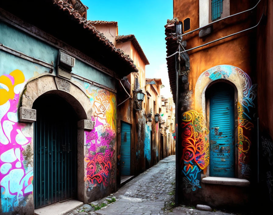 Colorful graffiti art in narrow cobblestone alleyway with old buildings and bright blue door under sunlight