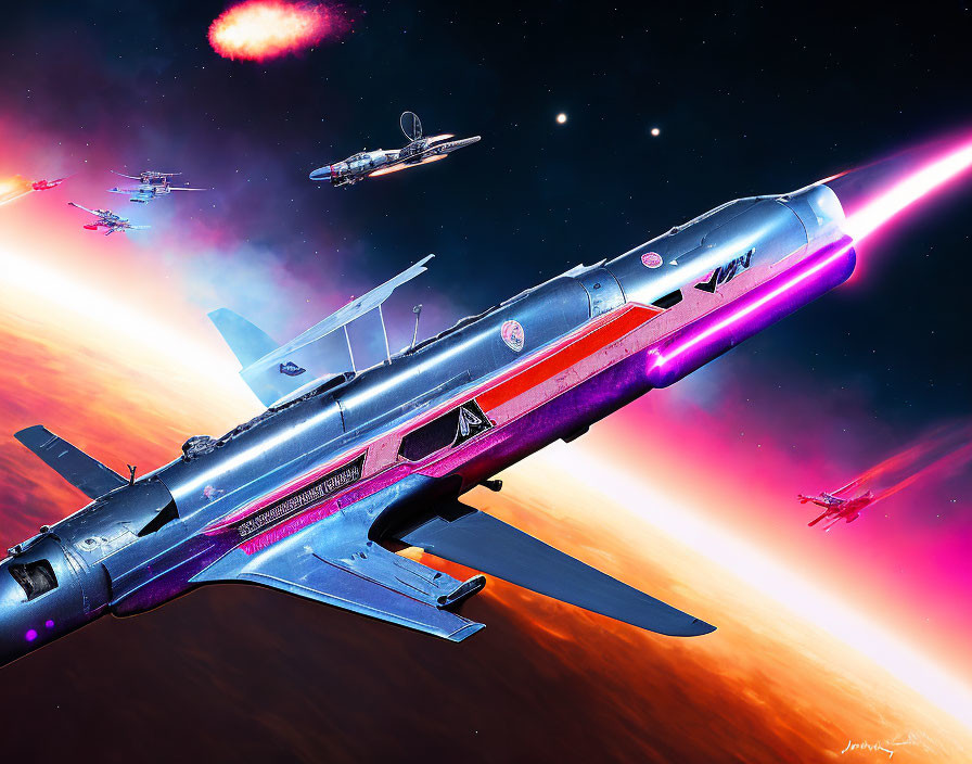 Colorful spacecrafts in vibrant sci-fi scene navigating starry cosmos.