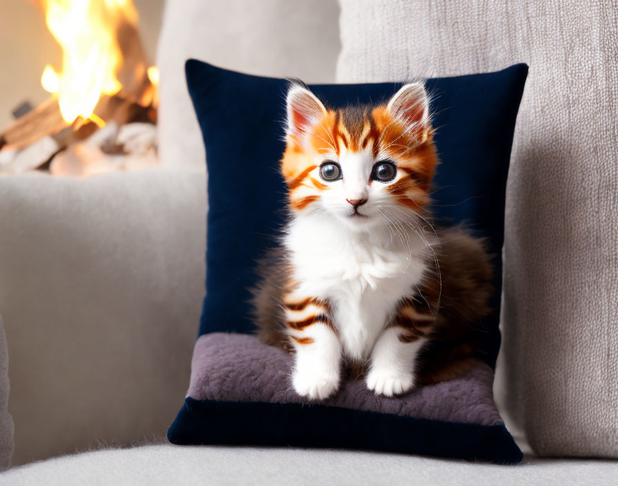 Orange and White Kitten on Dark Blue Pillow with Cozy Fireplace