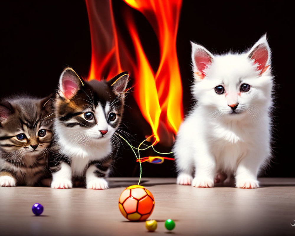 Three kittens playing with toys on a table with illustrated flames in the background.