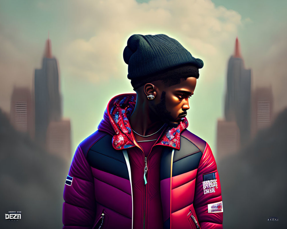 Colorful jacket and beanie man portrait with misty skyscraper backdrop