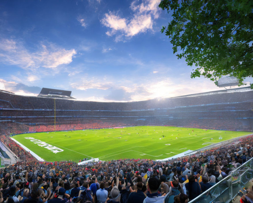 Crowded stadium at daytime football match with spectators and setting sun.