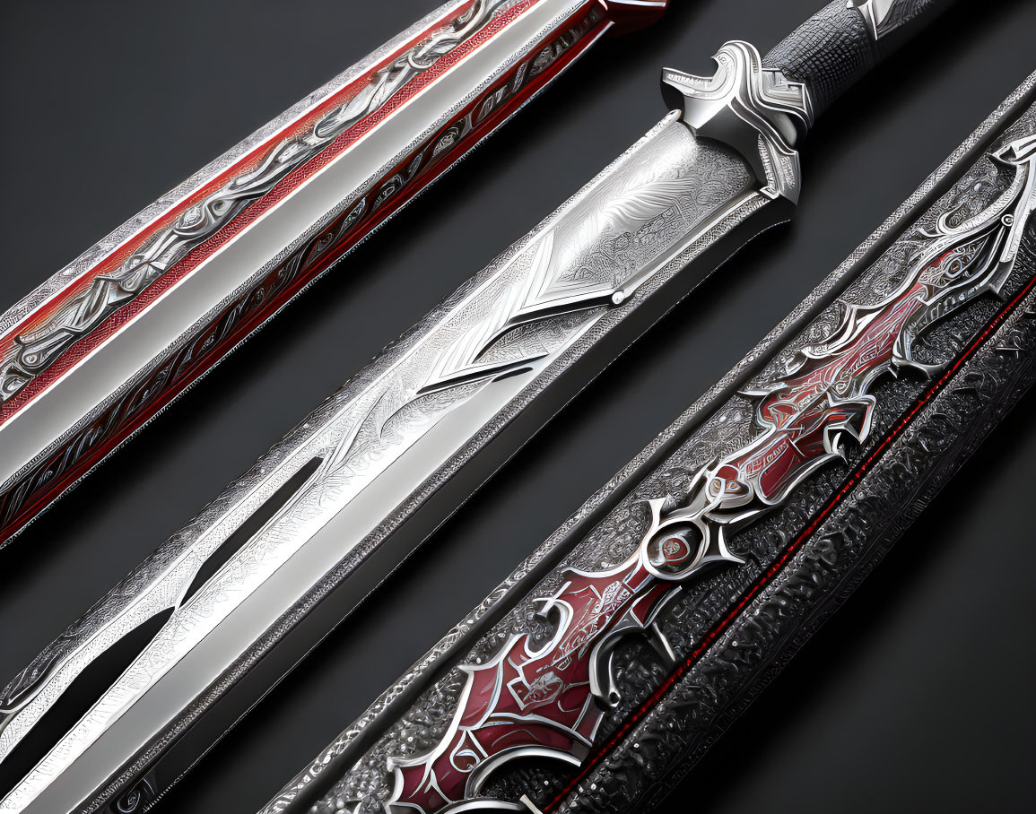 Intricate Silver and Red Patterned Decorative Sword on Dark Background