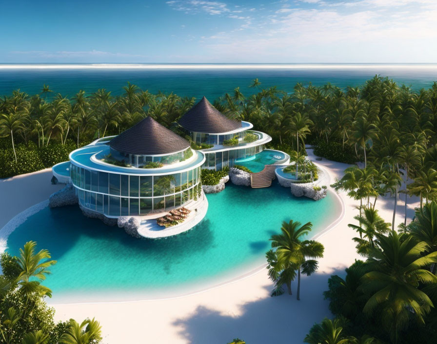 Modern villas on luxurious island resort with circular designs