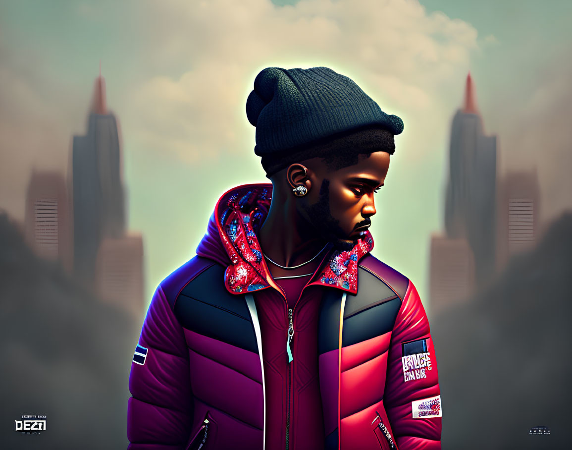 Colorful jacket and beanie man portrait with misty skyscraper backdrop