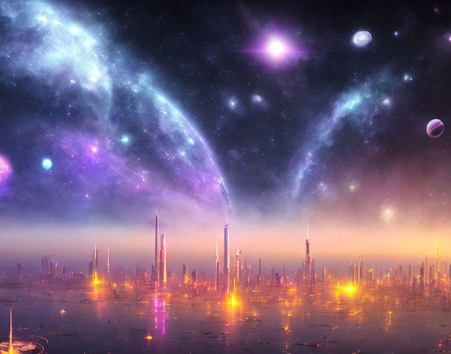 Futuristic city skyline under vibrant cosmic sky