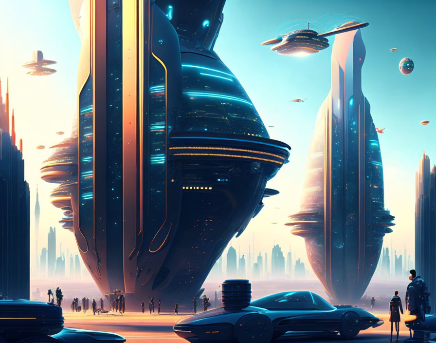 Futuristic Cityscape with Skyscrapers, Hovering Vehicles, and People in Blue Setting