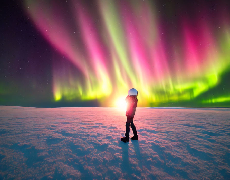 Astronaut on snowy surface under vibrant aurora borealis