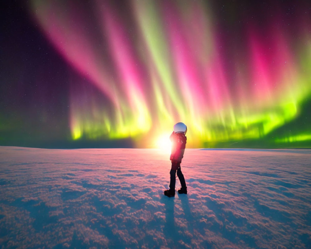 Astronaut on snowy surface under vibrant aurora borealis