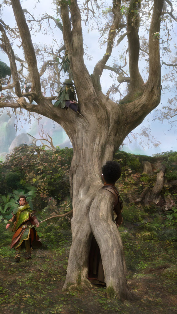 Two individuals in green attire in forest scene